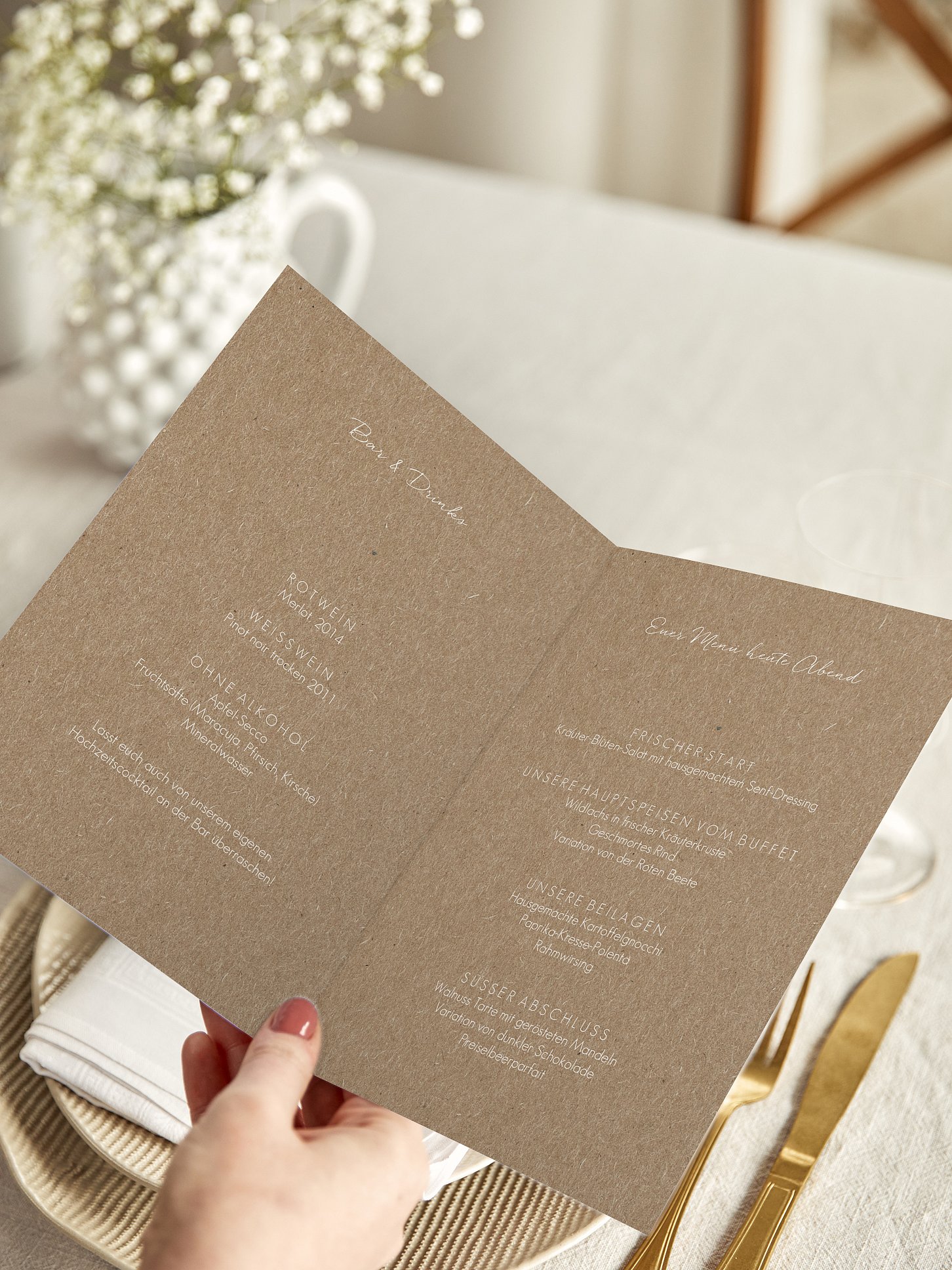 Menükarte Hochzeit Herz an Herz Kraftpapier