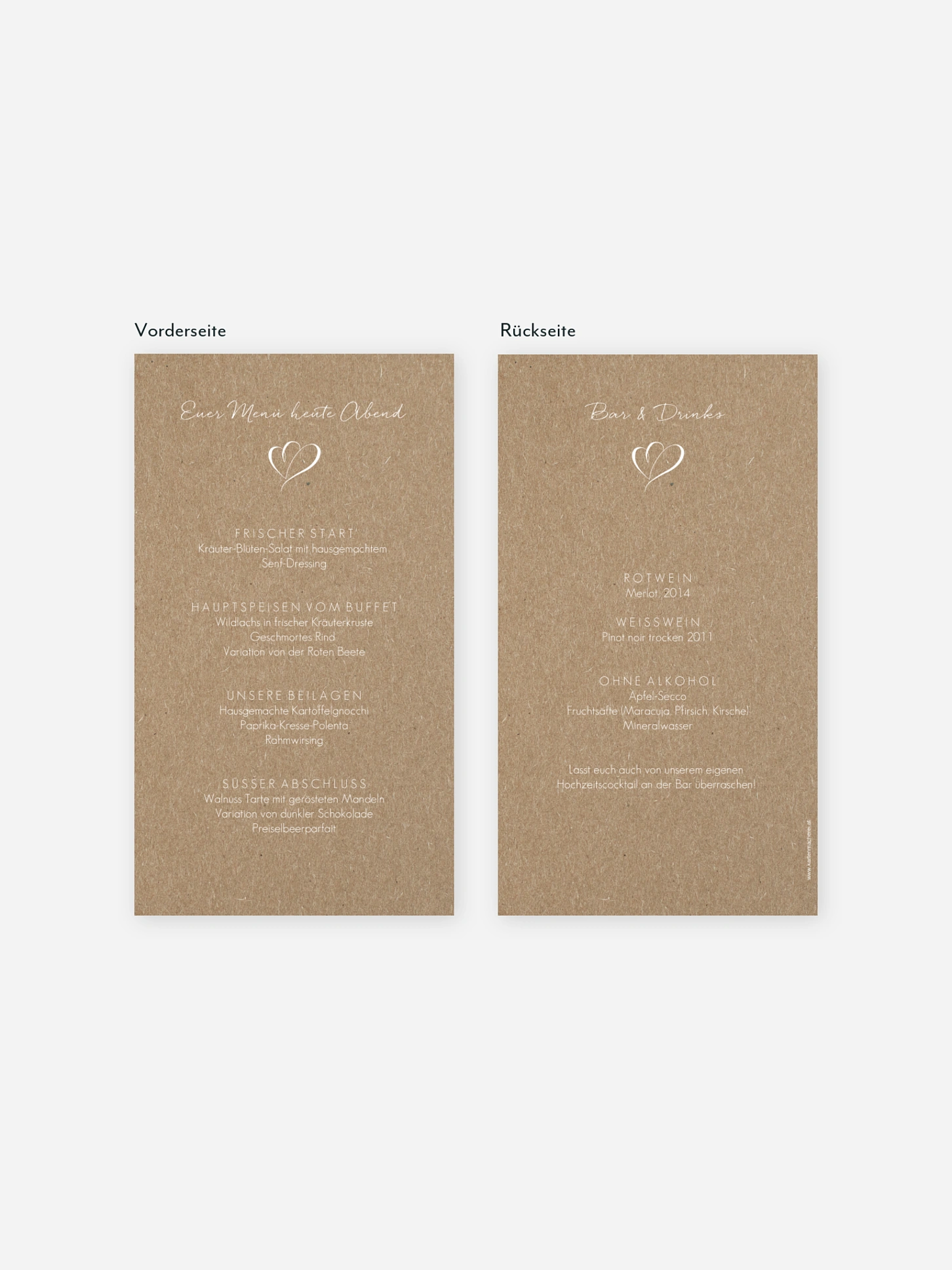 Menükarte Hochzeit Herz an Herz Kraftpapier