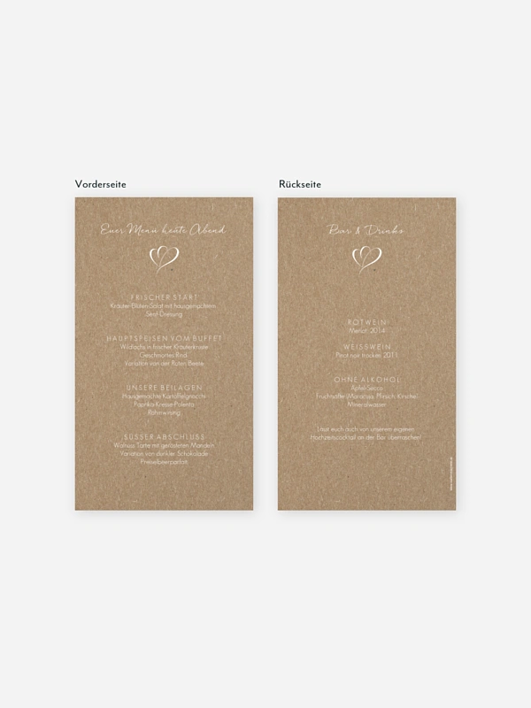 Menükarte Hochzeit Herz an Herz Kraftpapier