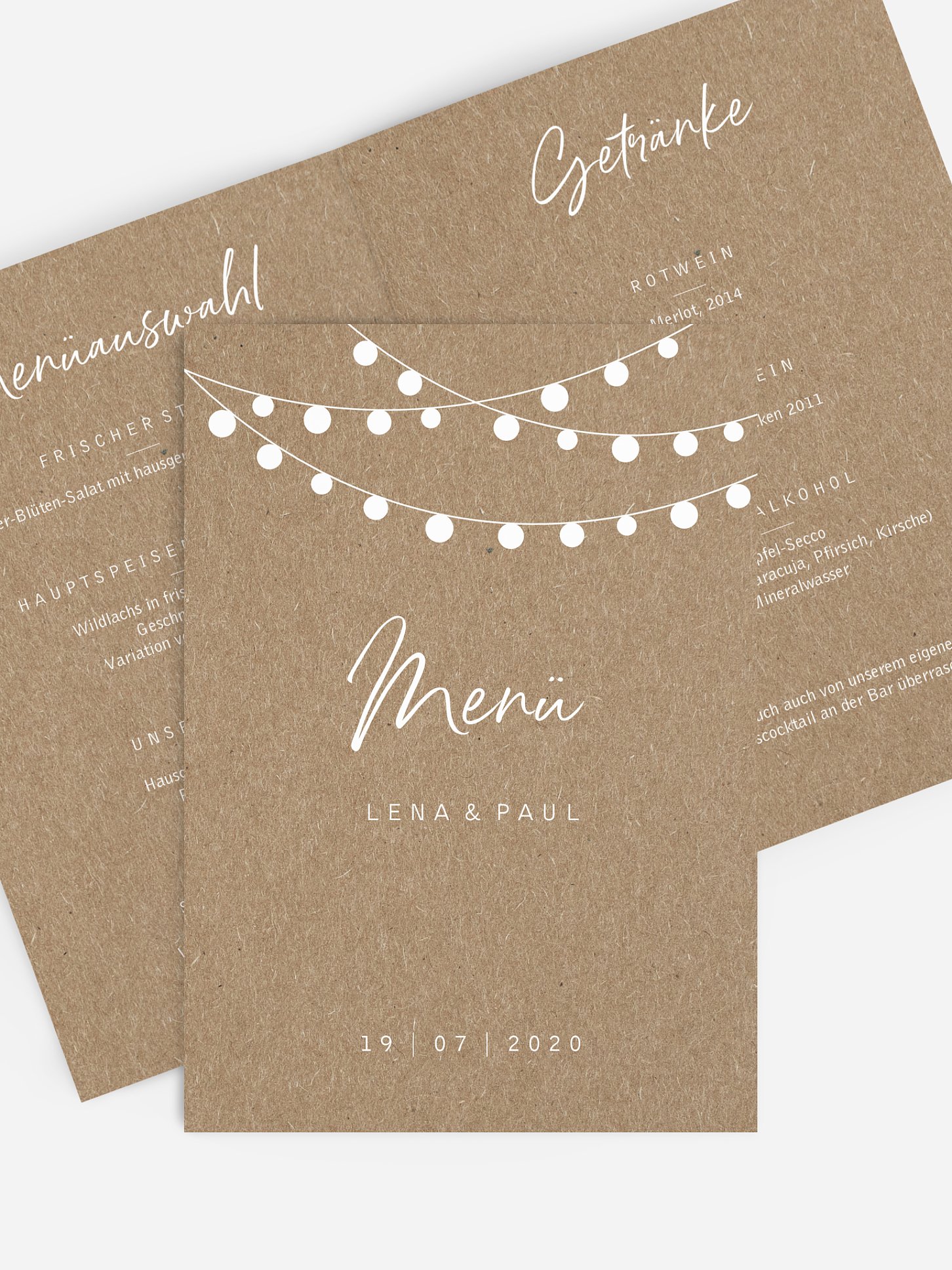 Menükarte Hochzeit Lichterzauber Kraftpapier