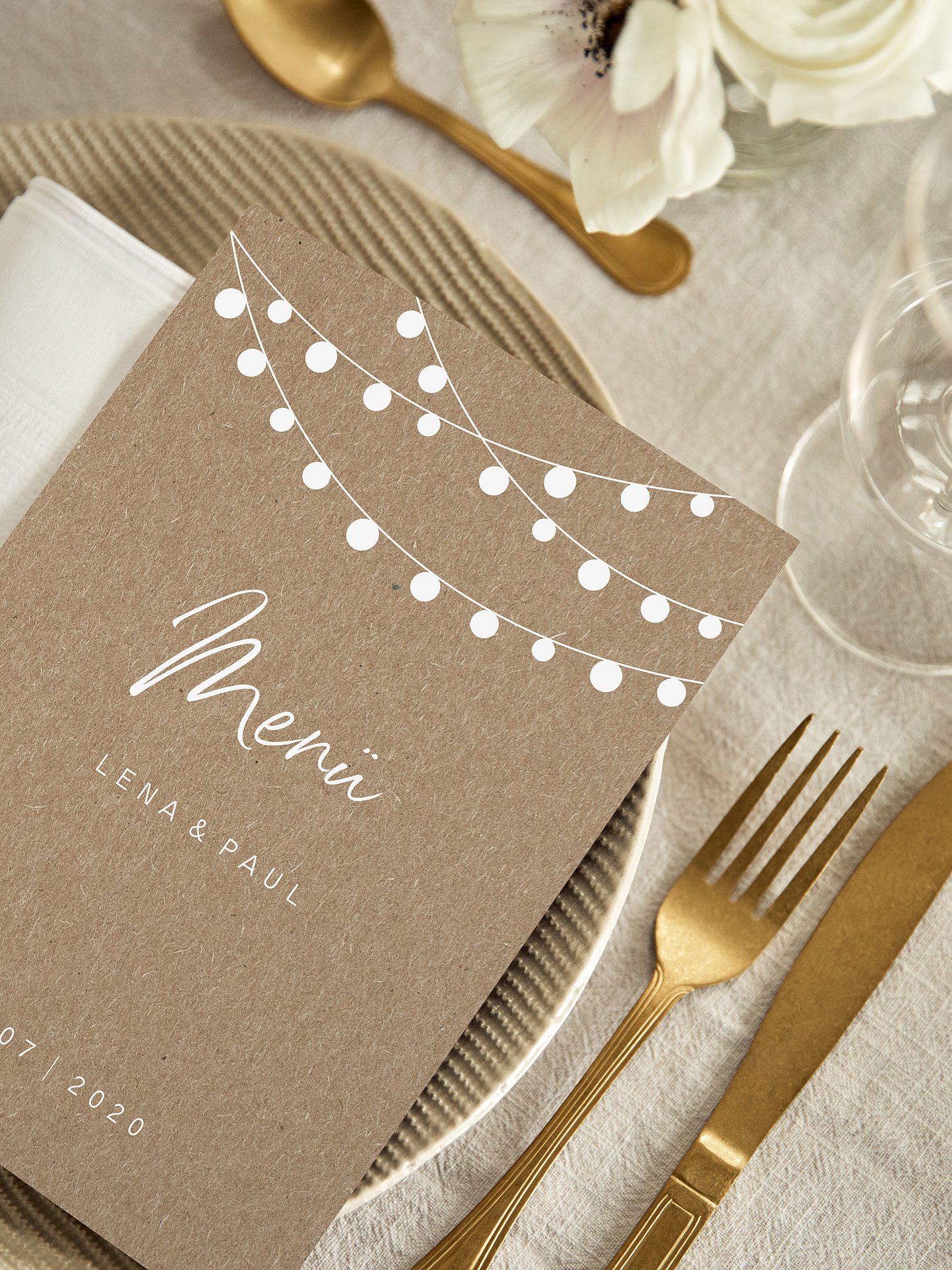 Menükarte Hochzeit Lichterzauber Kraftpapier