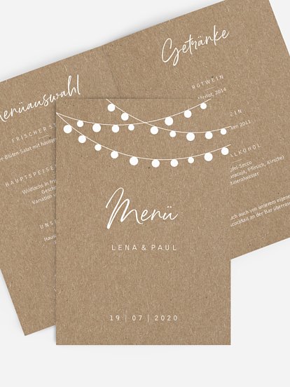 Menükarte Hochzeit Lichterzauber Kraftpapier