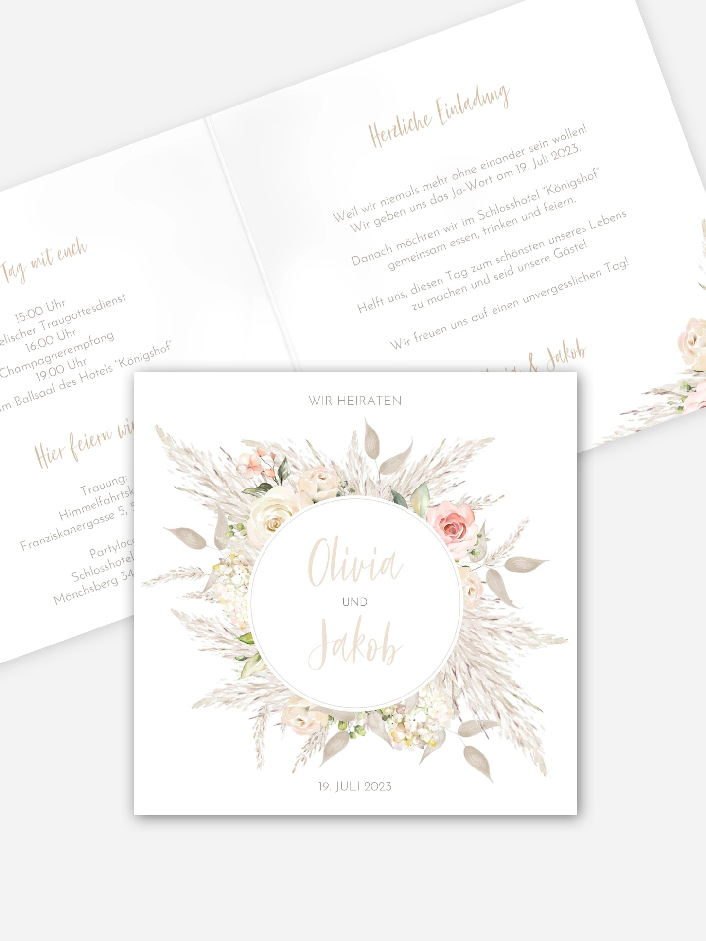 Hochzeitseinladung Rose & Pampas