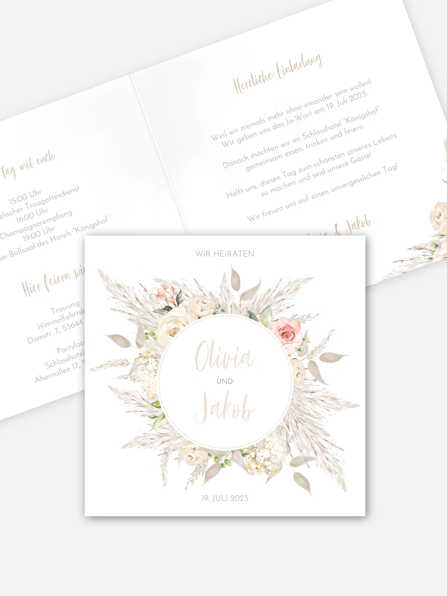 Hochzeitseinladung Rose & Pampas