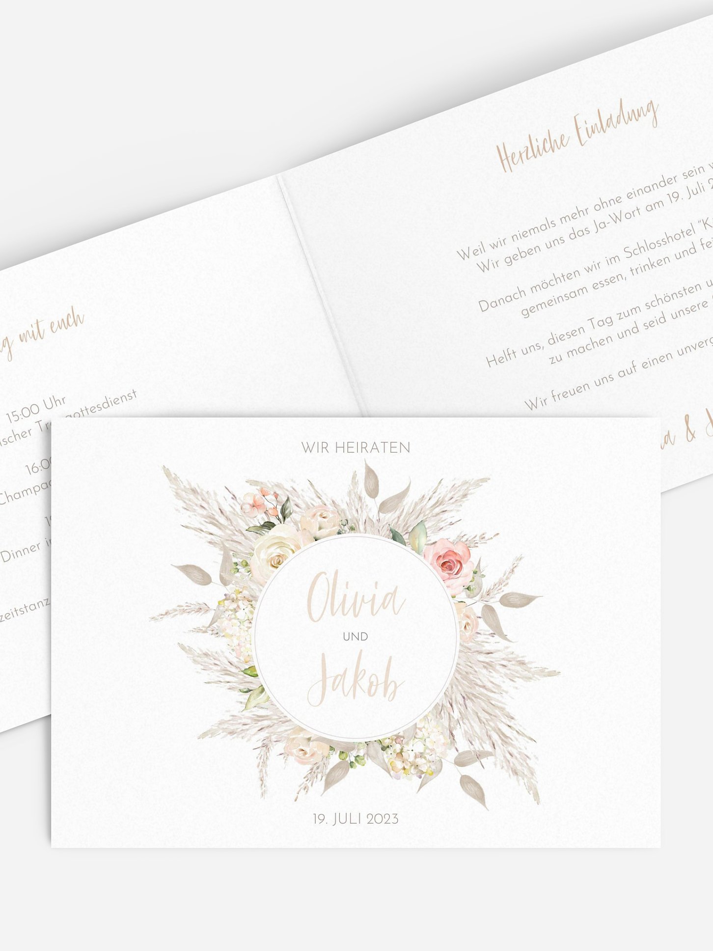 Hochzeitseinladung Rose & Pampas