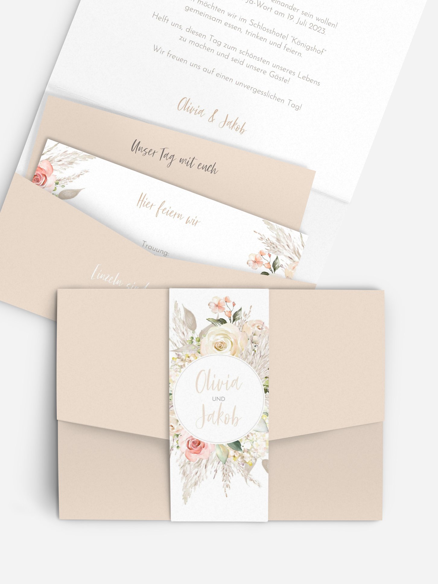 Hochzeitseinladung Rose & Pampas