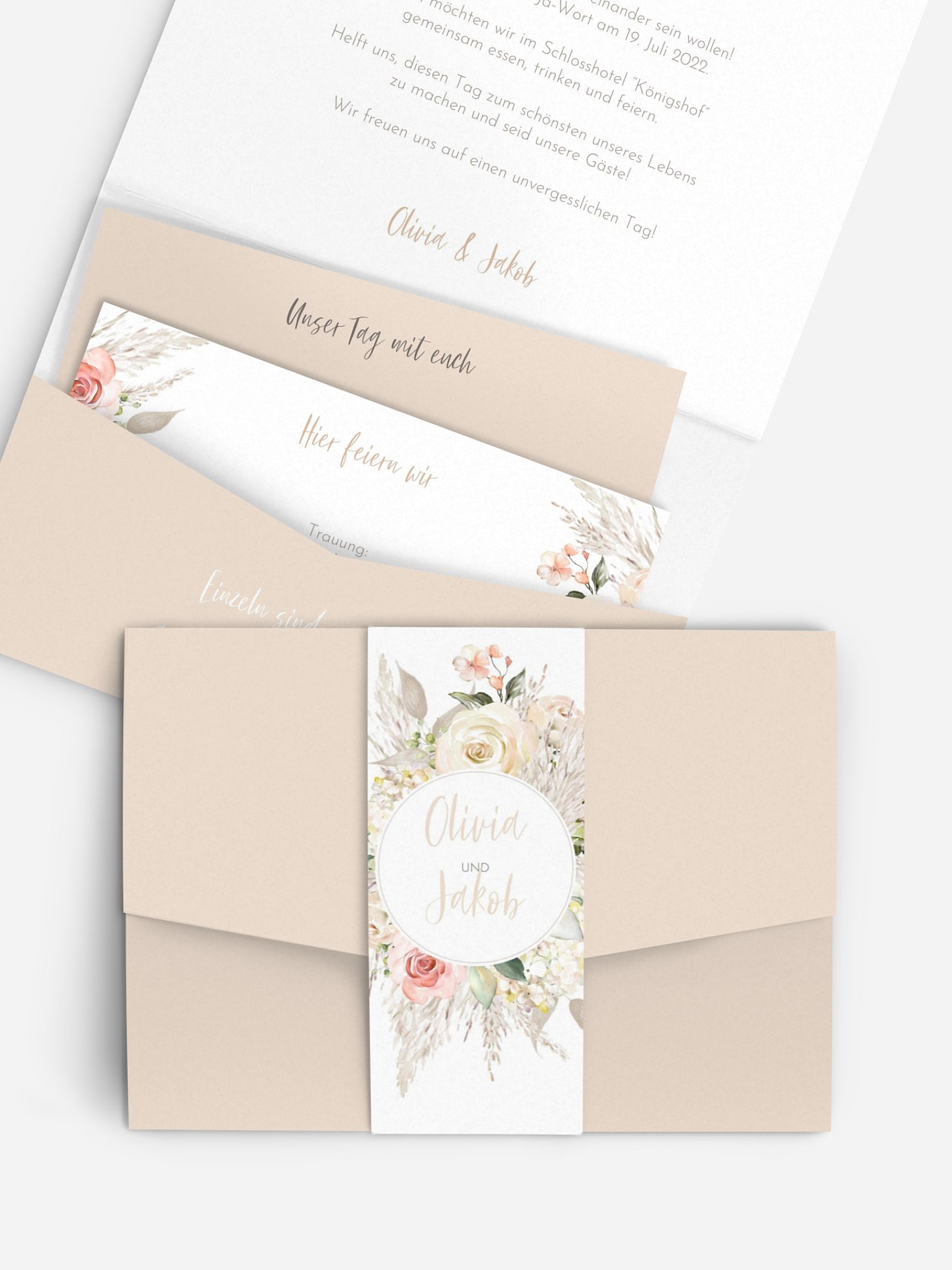 Hochzeitseinladung Rose & Pampas