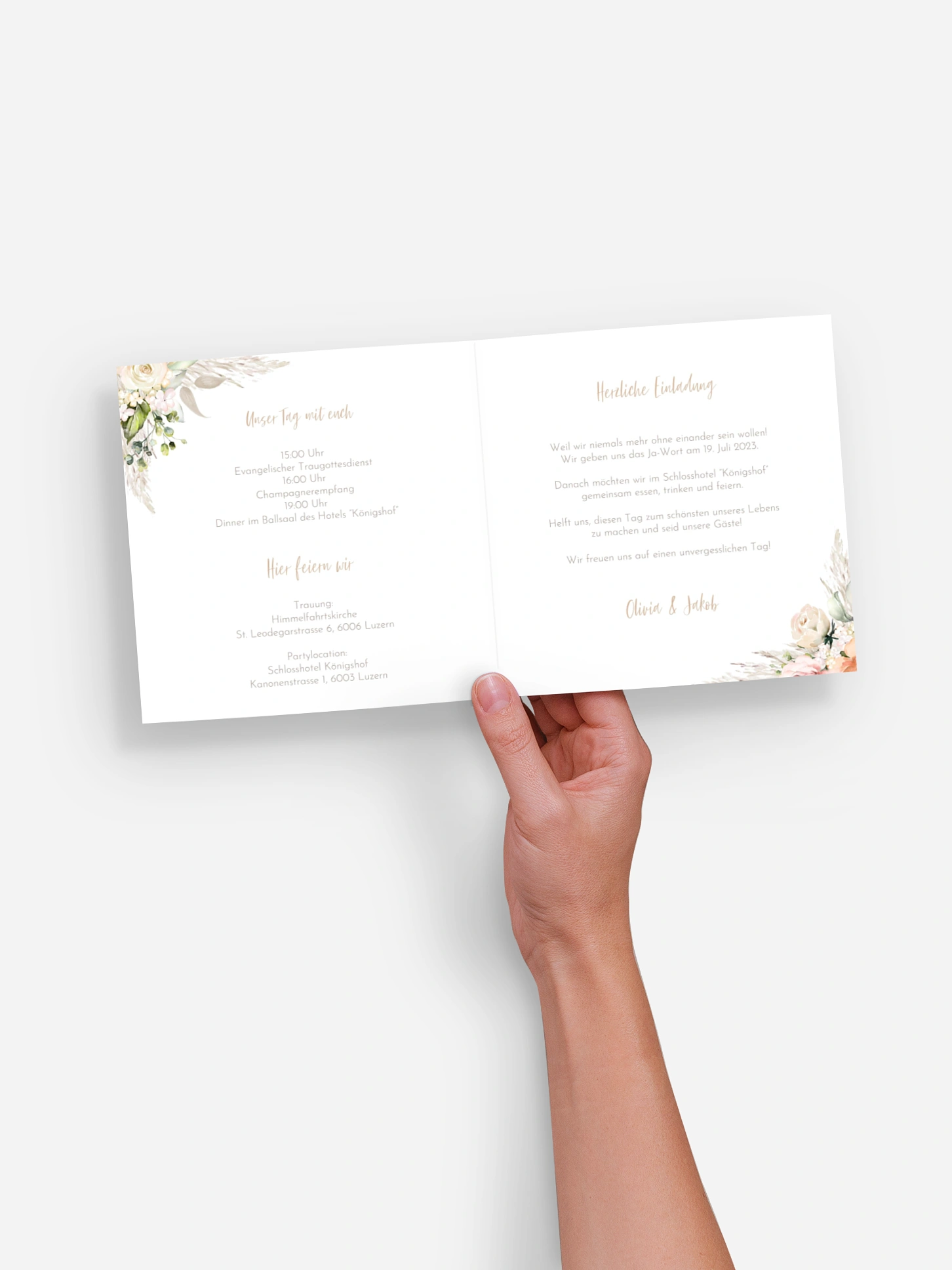 Hochzeitseinladung Rose & Pampas