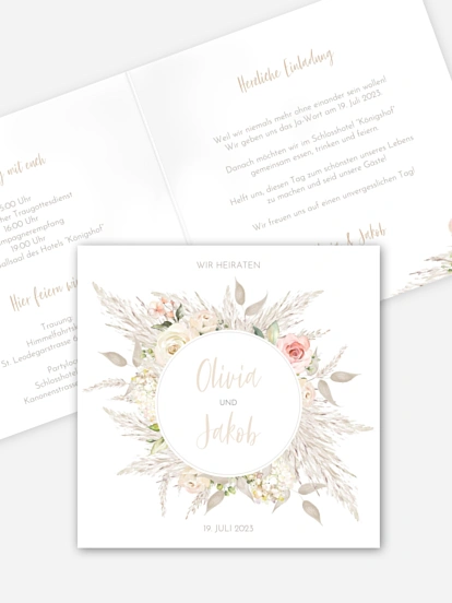 Hochzeitseinladung Rose & Pampas