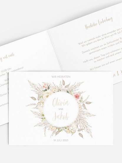 Hochzeitseinladung Rose & Pampas