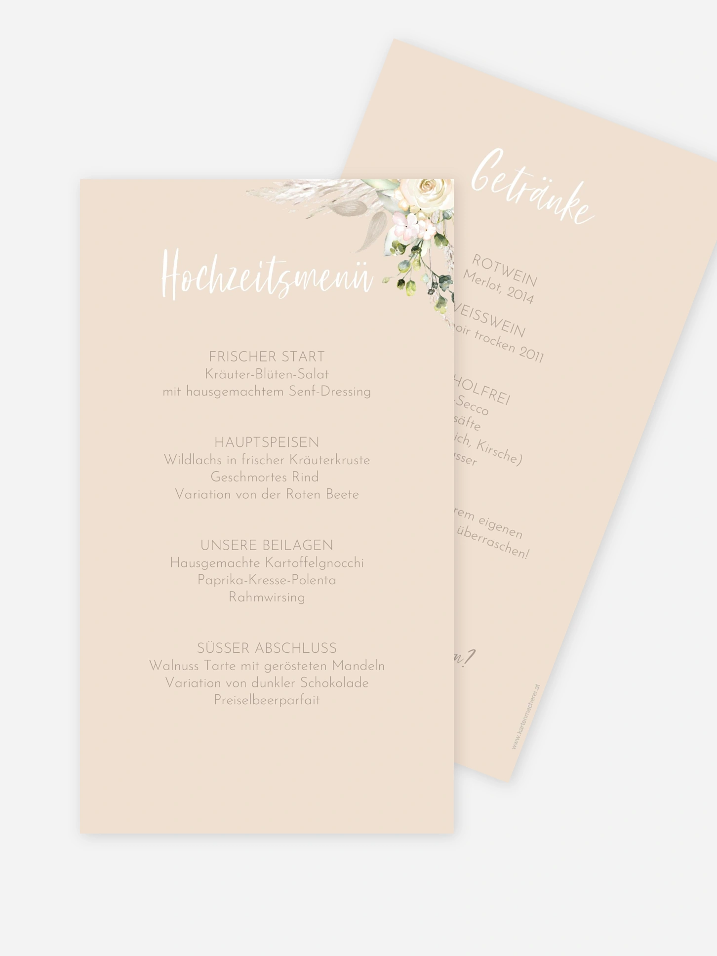 Menükarte Hochzeit Rose & Pampas