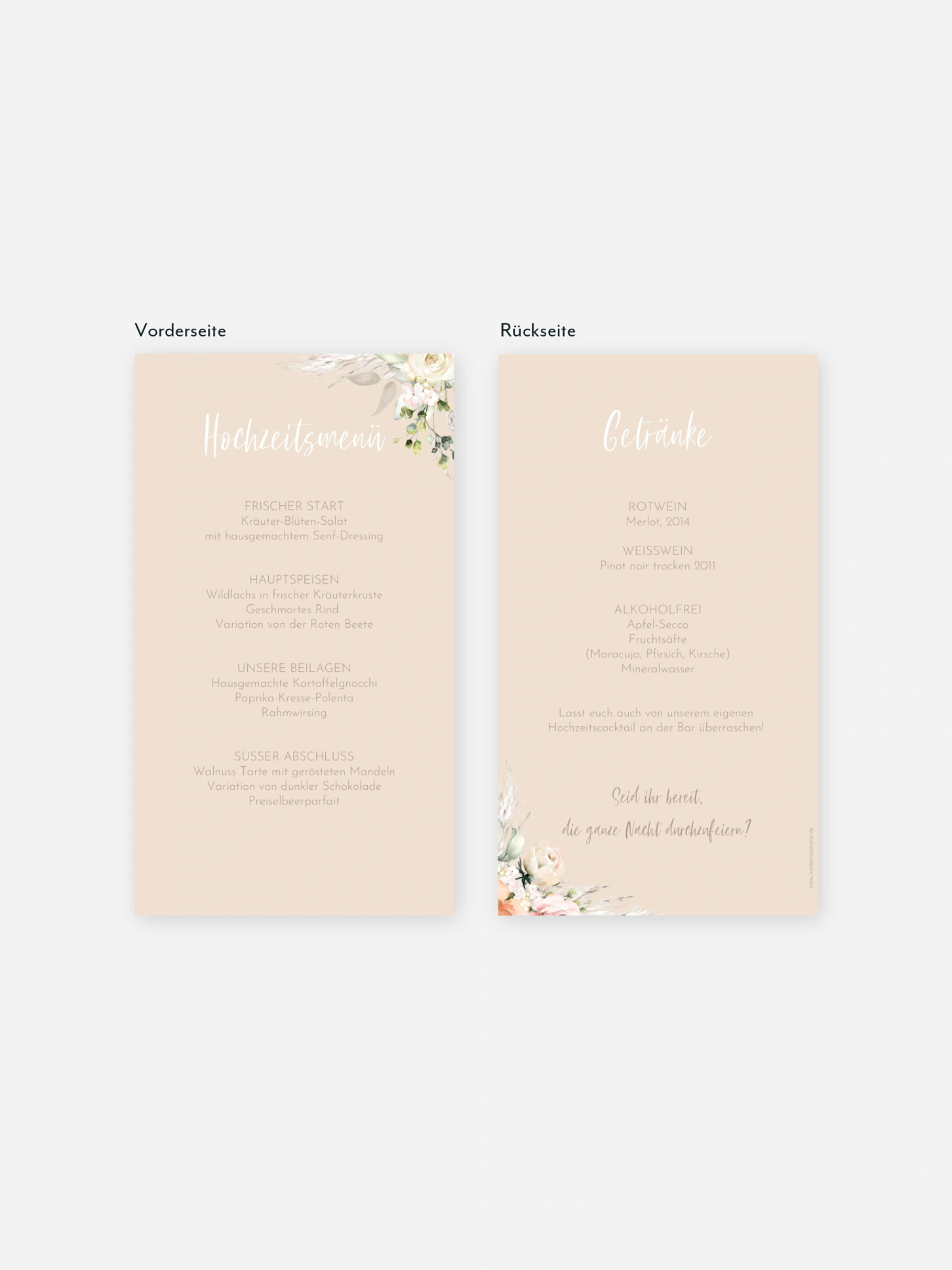 Menükarte Hochzeit Rose & Pampas