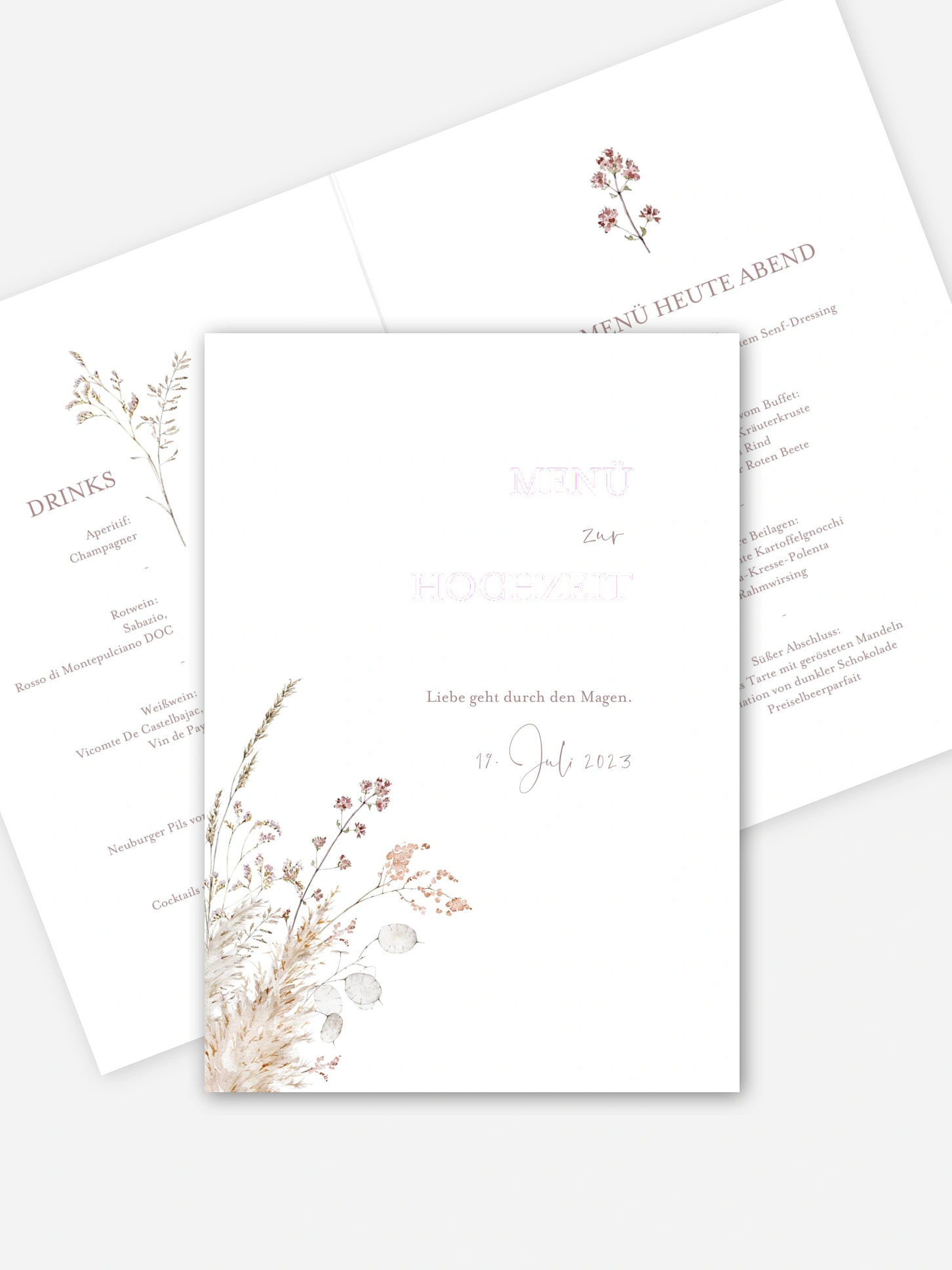 Menükarte Hochzeit Soft Dried Bouquet