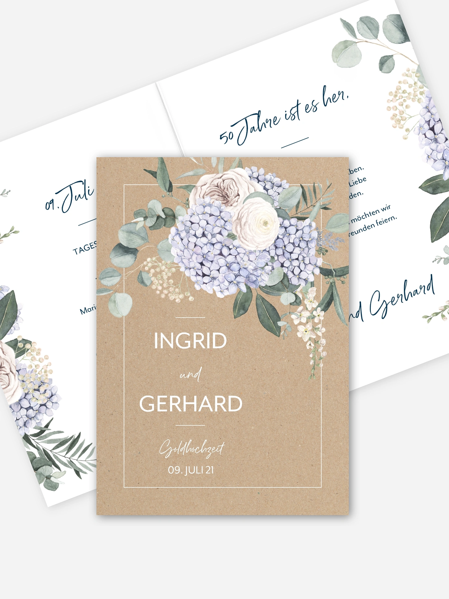 Einladung zur Goldenen Hochzeit Hortensie