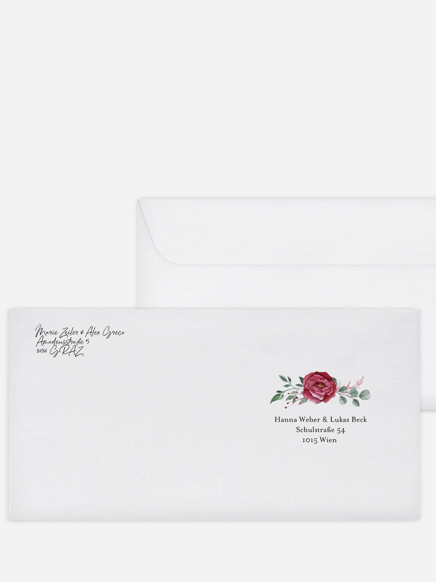 Bedruckter Briefumschlag Hochzeit Rose Bouquet