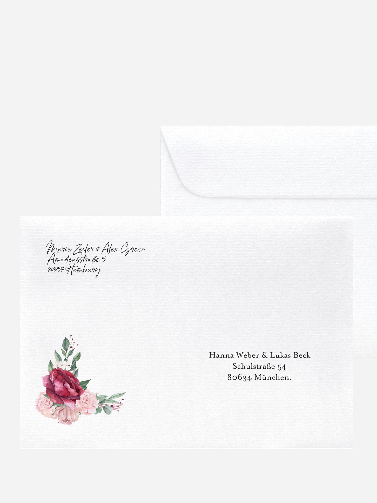 Bedruckter Briefumschlag Hochzeit Rose Bouquet