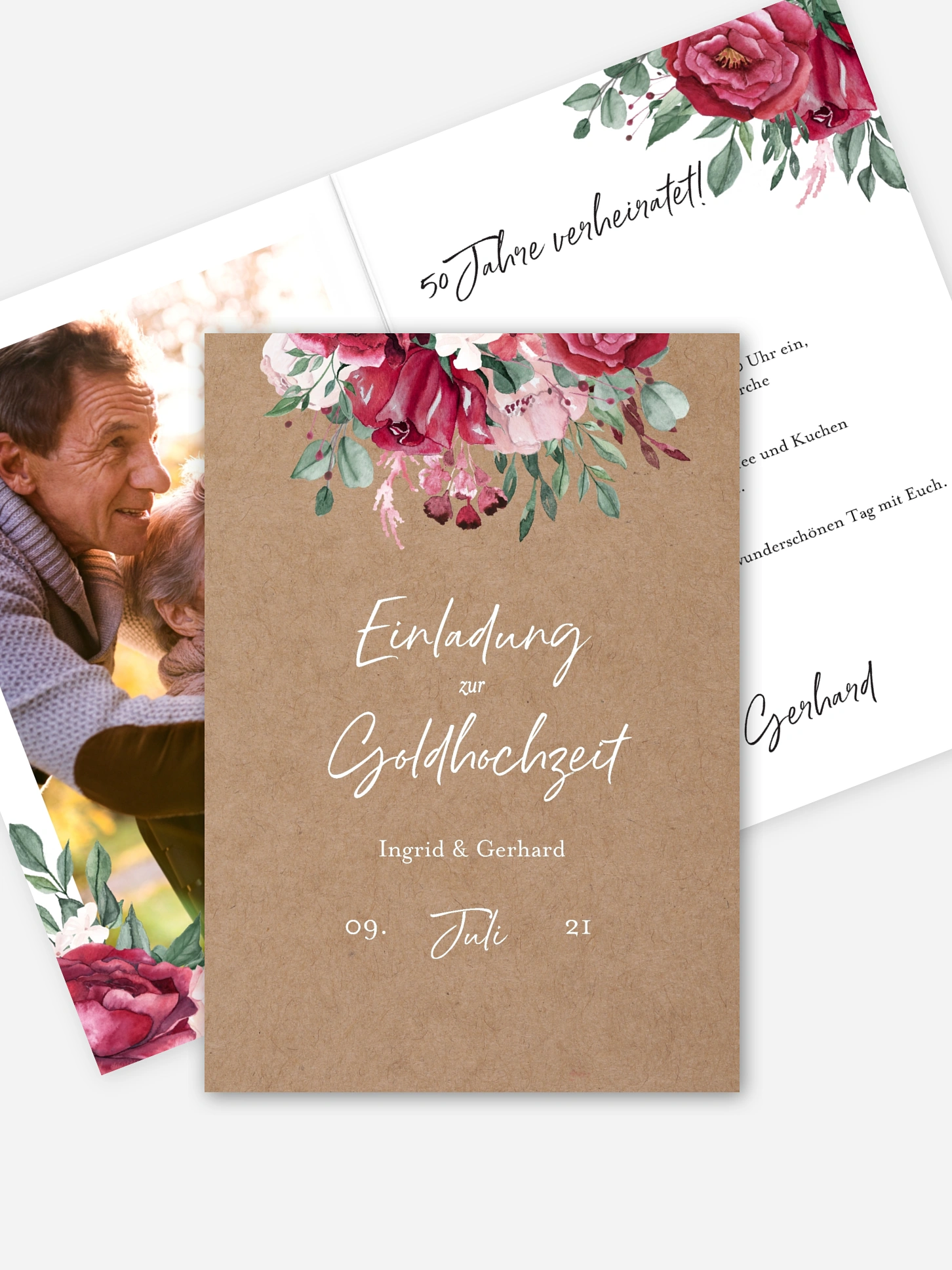 Einladung zur Goldenen Hochzeit Rose Bouquet