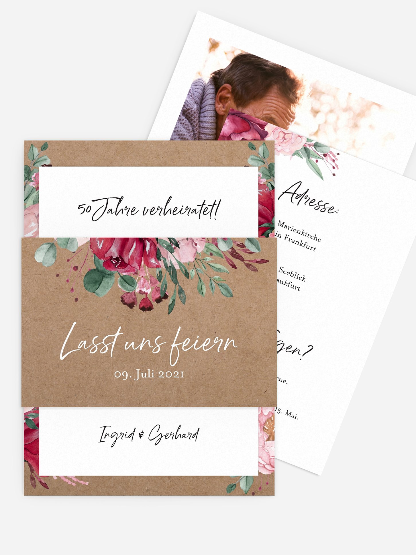 Einladung zur Goldenen Hochzeit Rose Bouquet
