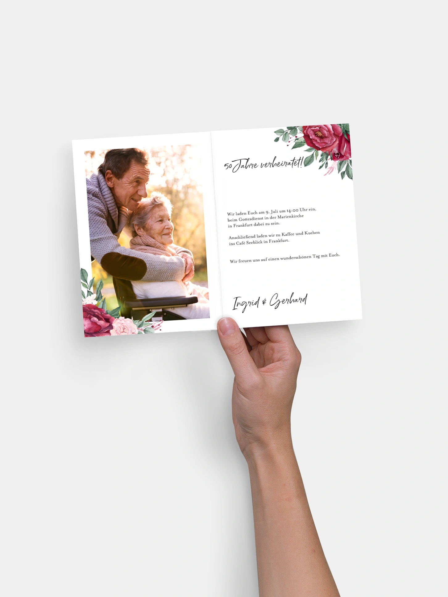 Einladung zur Goldenen Hochzeit Rose Bouquet
