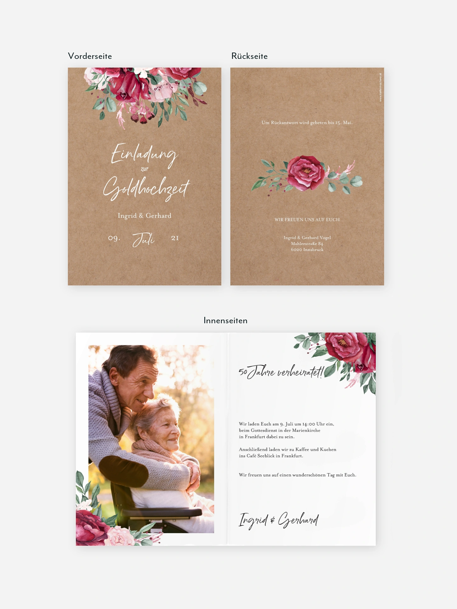 Einladung zur Goldenen Hochzeit Rose Bouquet