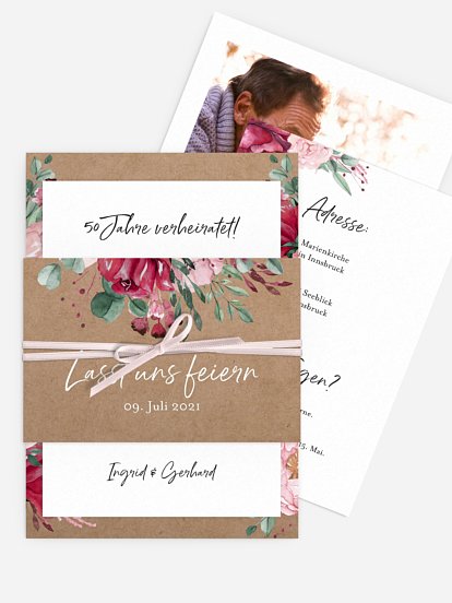 Einladung zur Goldenen Hochzeit Rose Bouquet