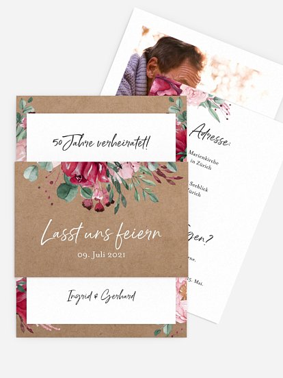 Einladung zur Goldenen Hochzeit Rose Bouquet