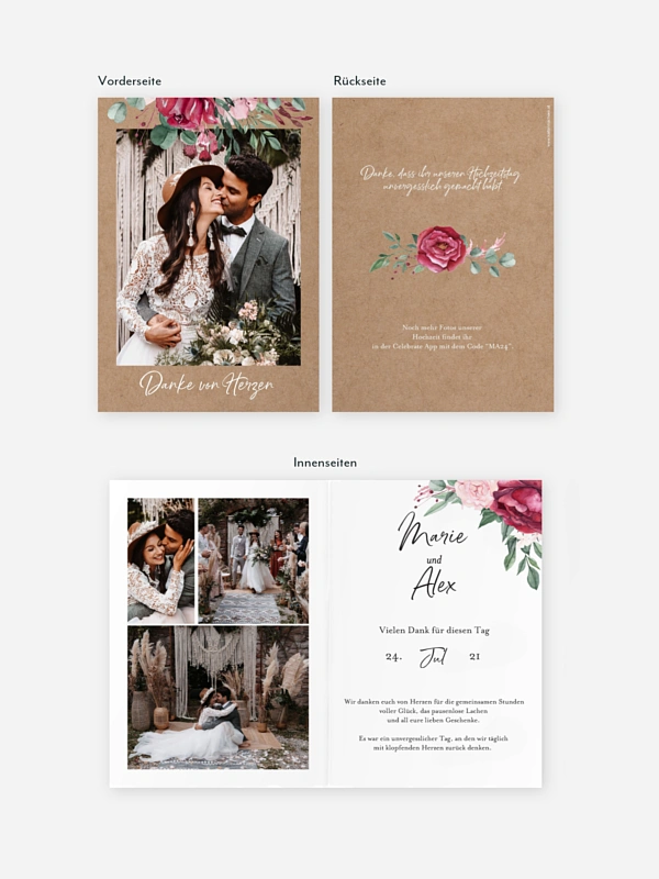 Dankeskarte Hochzeit Rose Bouquet