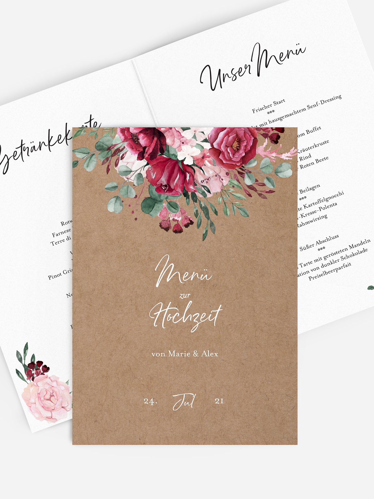 Menükarte Hochzeit Rose Bouquet