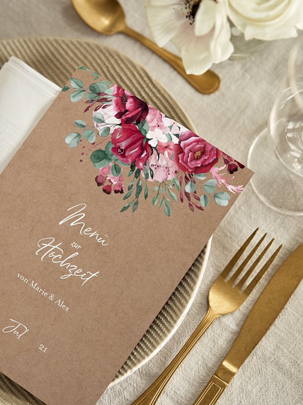 Menükarte Hochzeit Rose Bouquet