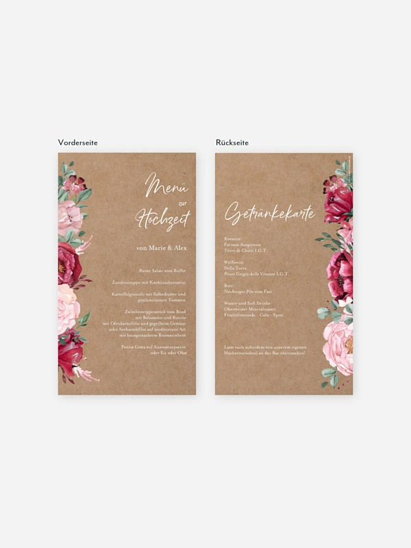 Menükarte Hochzeit Rose Bouquet