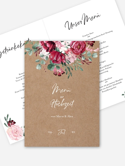 Menükarte Hochzeit Rose Bouquet