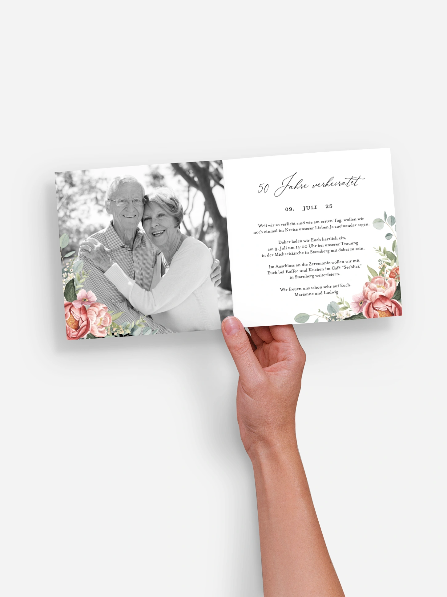 Einladung zur Goldenen Hochzeit Peach Peony Wreath