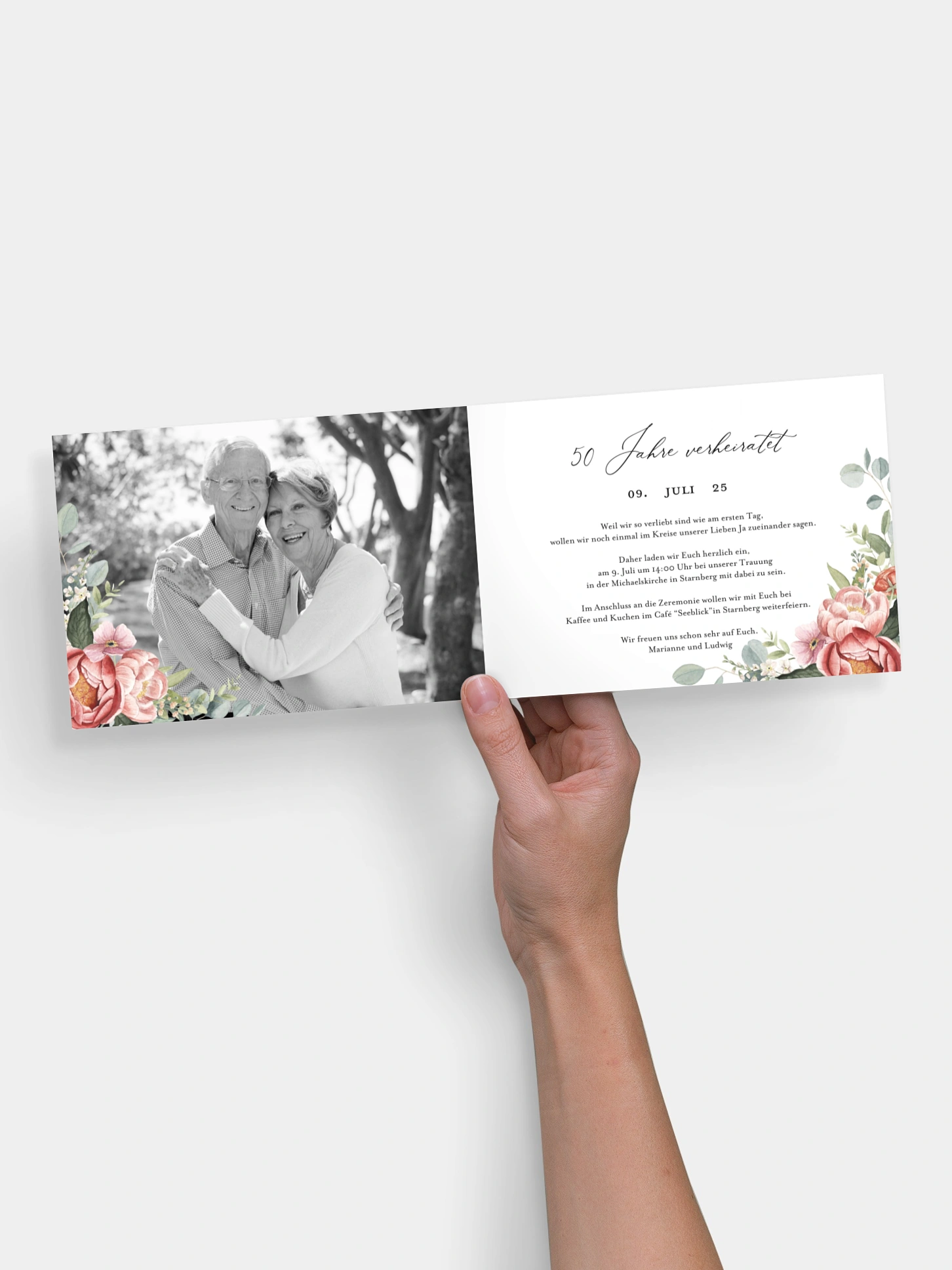 Einladung zur Goldenen Hochzeit Peach Peony Wreath
