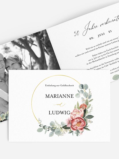 Einladung zur Goldenen Hochzeit Peach Peony Wreath