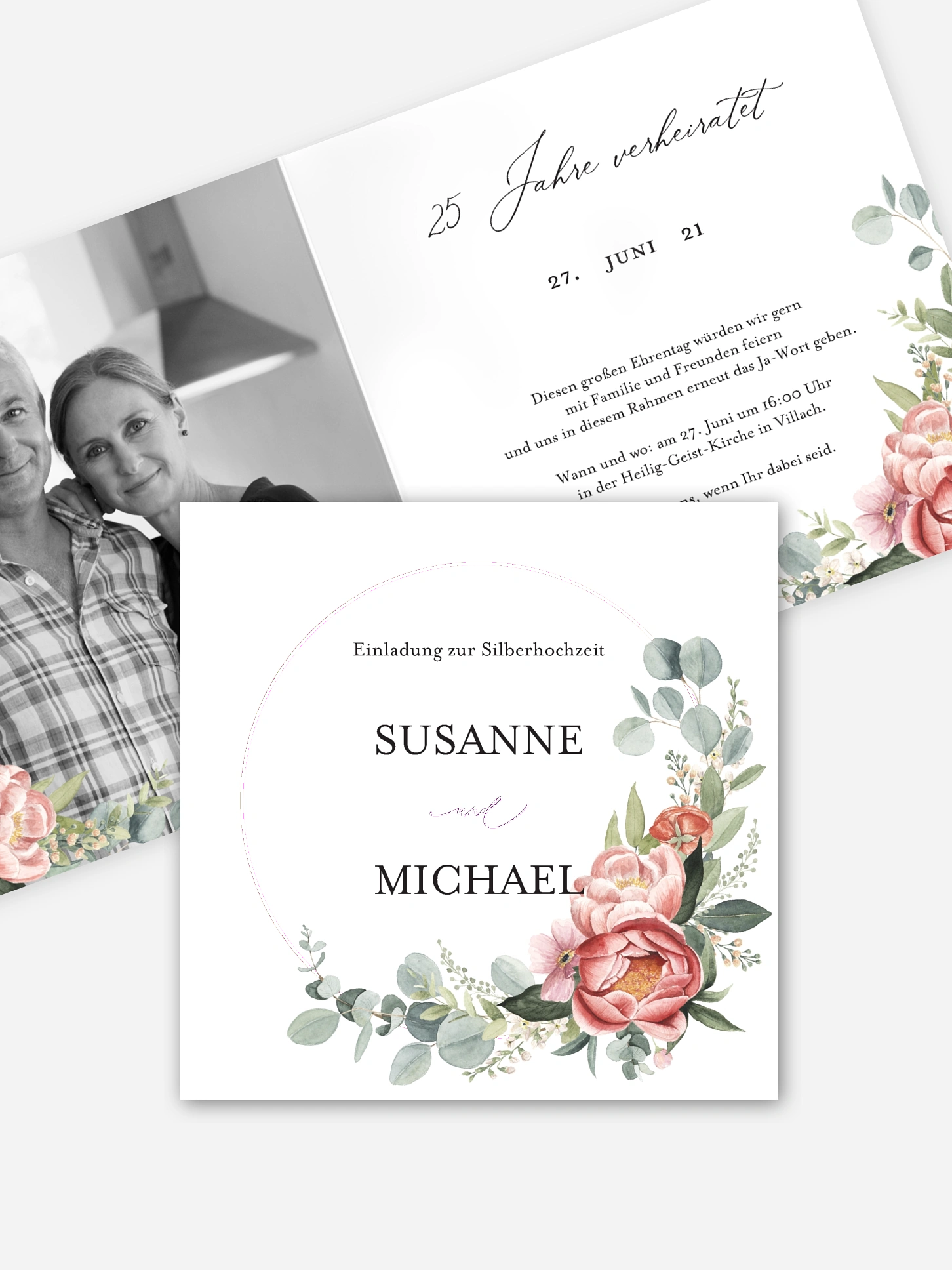 Einladung zur Silberhochzeit Peach Peony Wreath