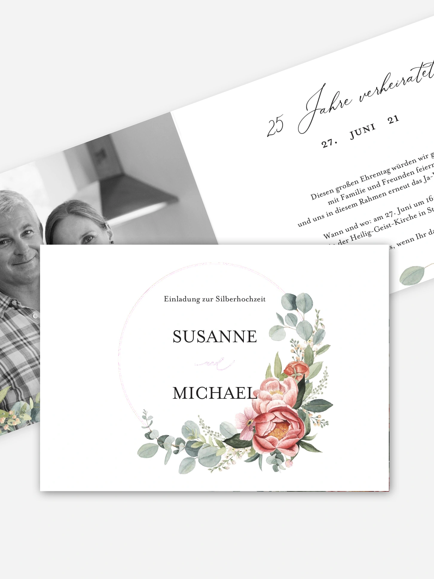 Einladung zur Silberhochzeit Peach Peony Wreath