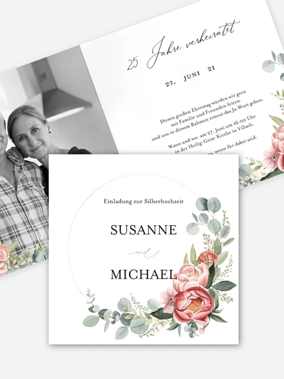 Einladung zur Silberhochzeit Peach Peony Wreath