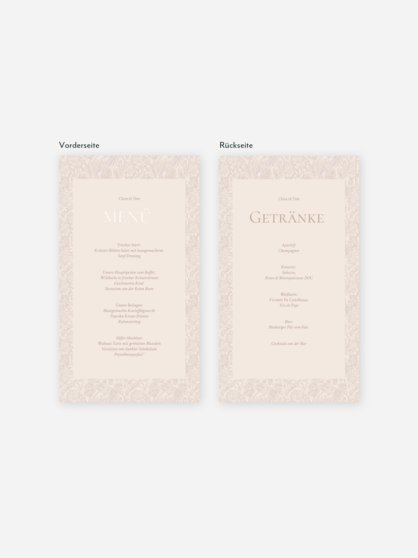 Menükarte Hochzeit Liebesgeschichte