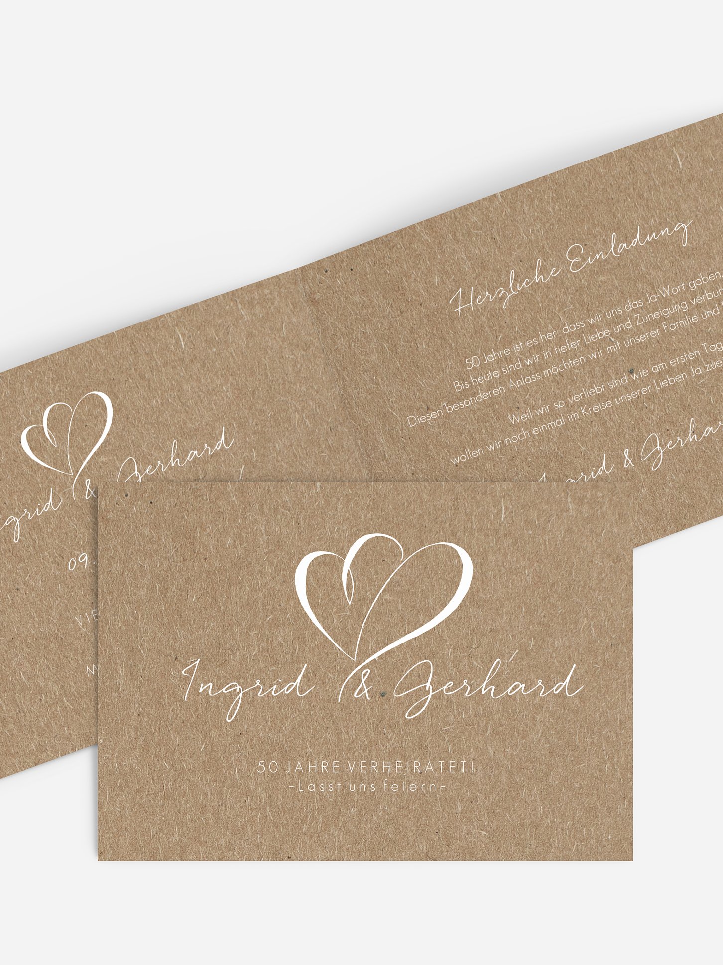 Einladung zur Goldenen Hochzeit Herz an Herz Kraftpapier