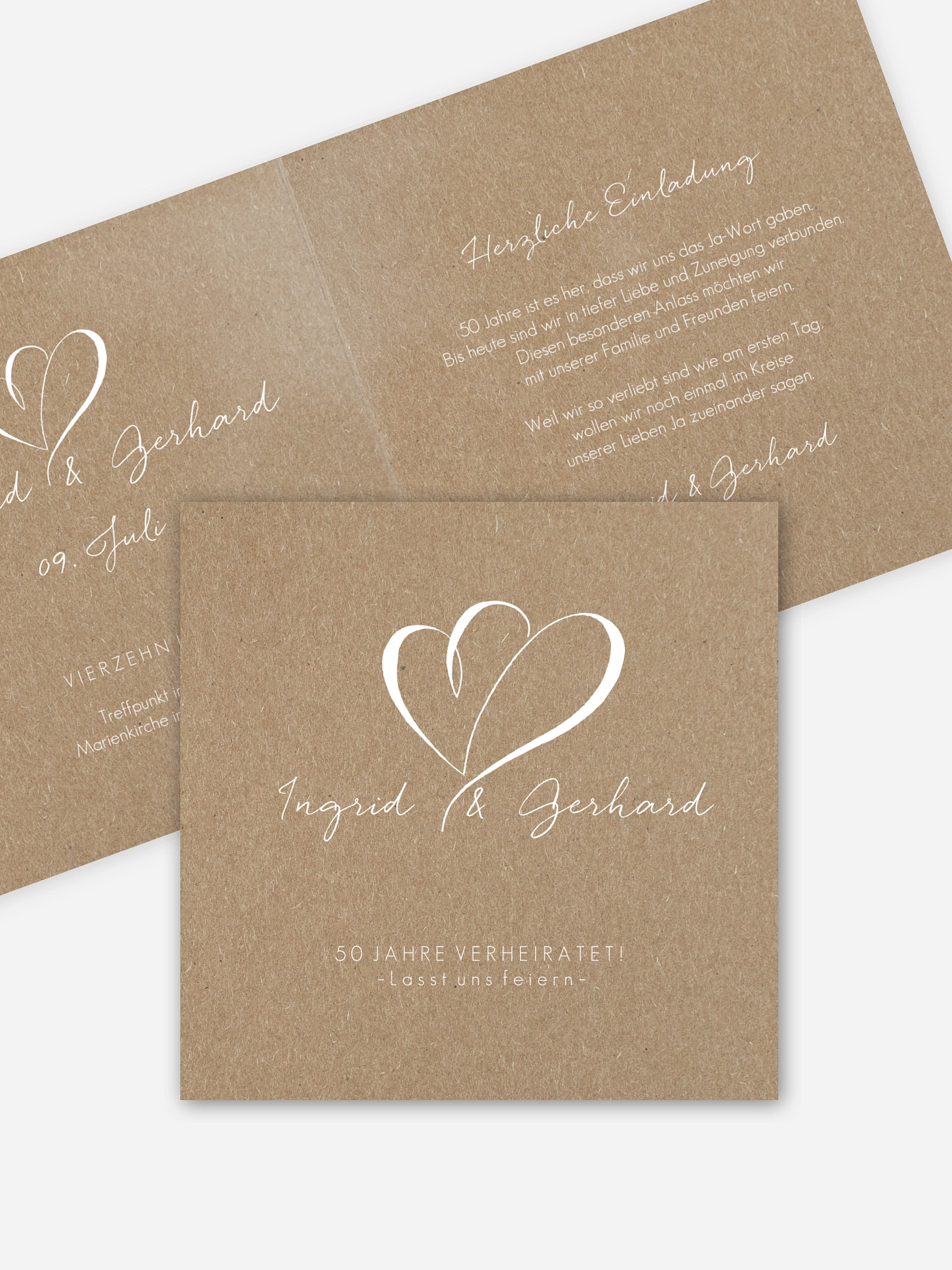 Einladung zur Goldenen Hochzeit Herz an Herz Kraftpapier