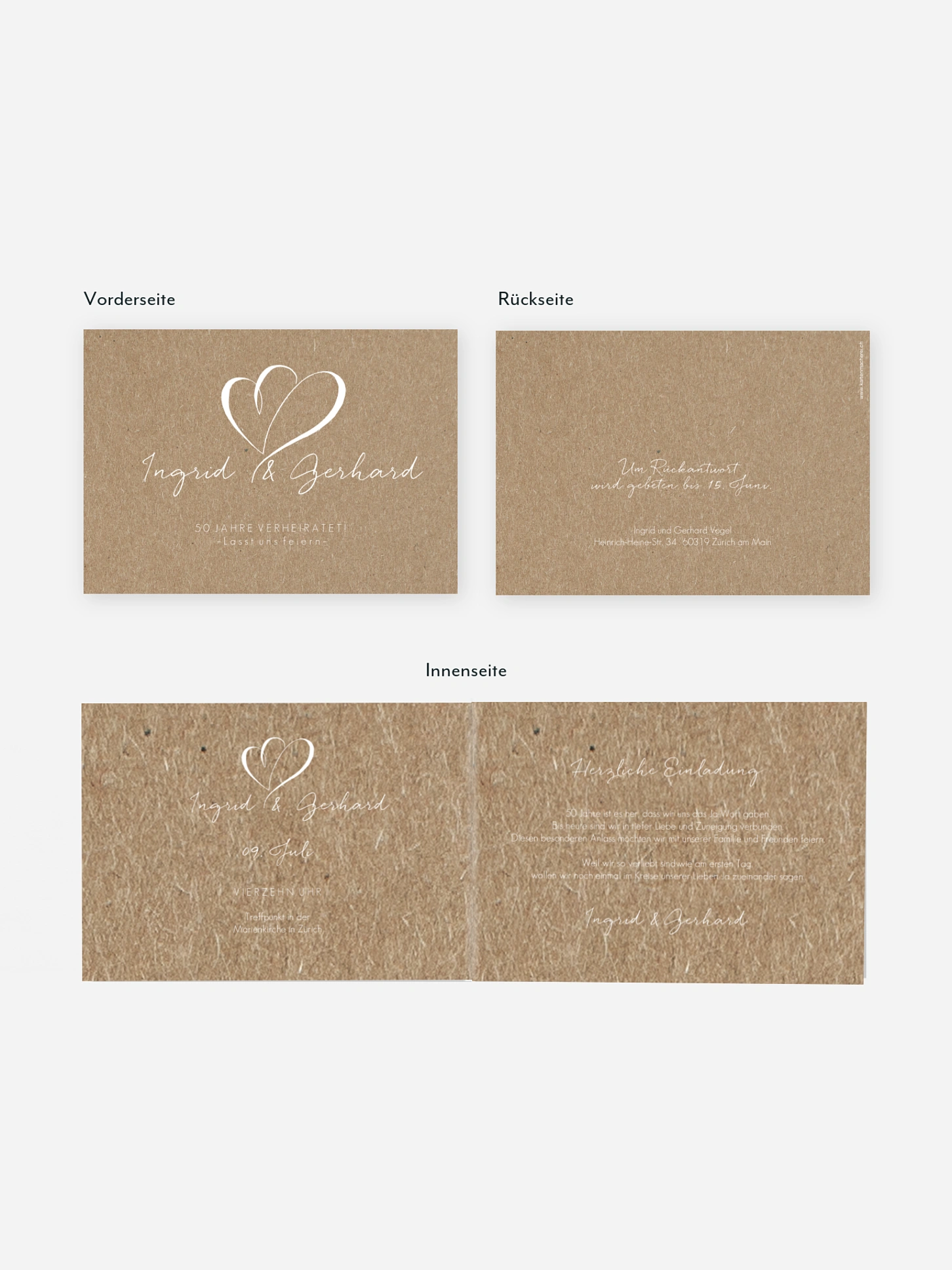 Einladung zur Goldenen Hochzeit Herz an Herz Kraftpapier