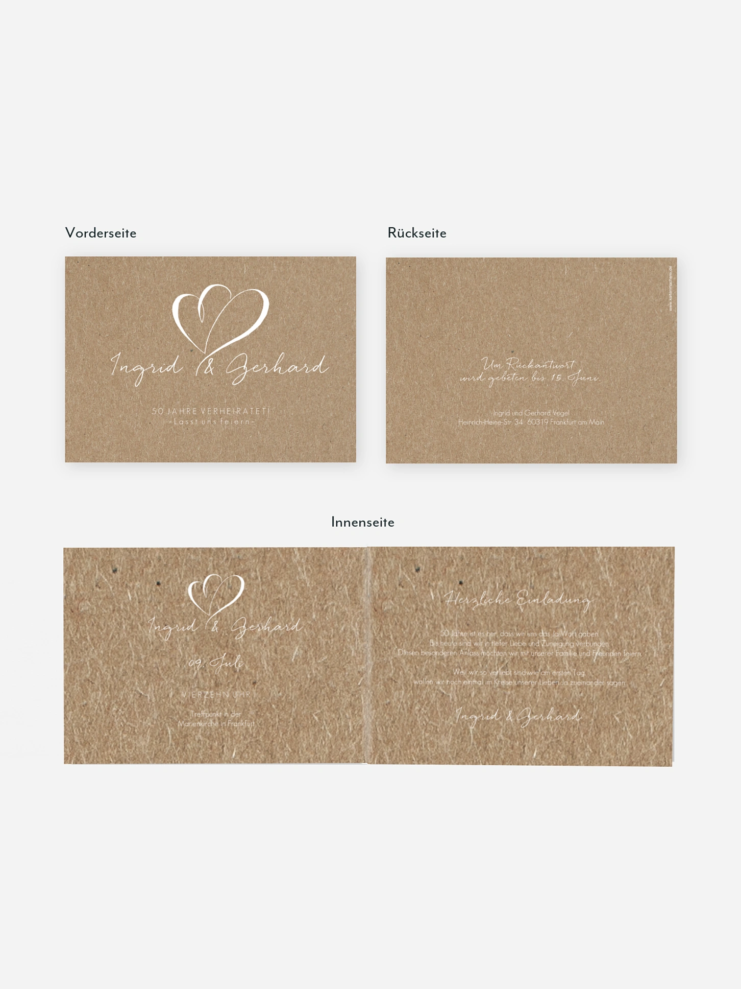Einladung zur Goldenen Hochzeit Herz an Herz Kraftpapier