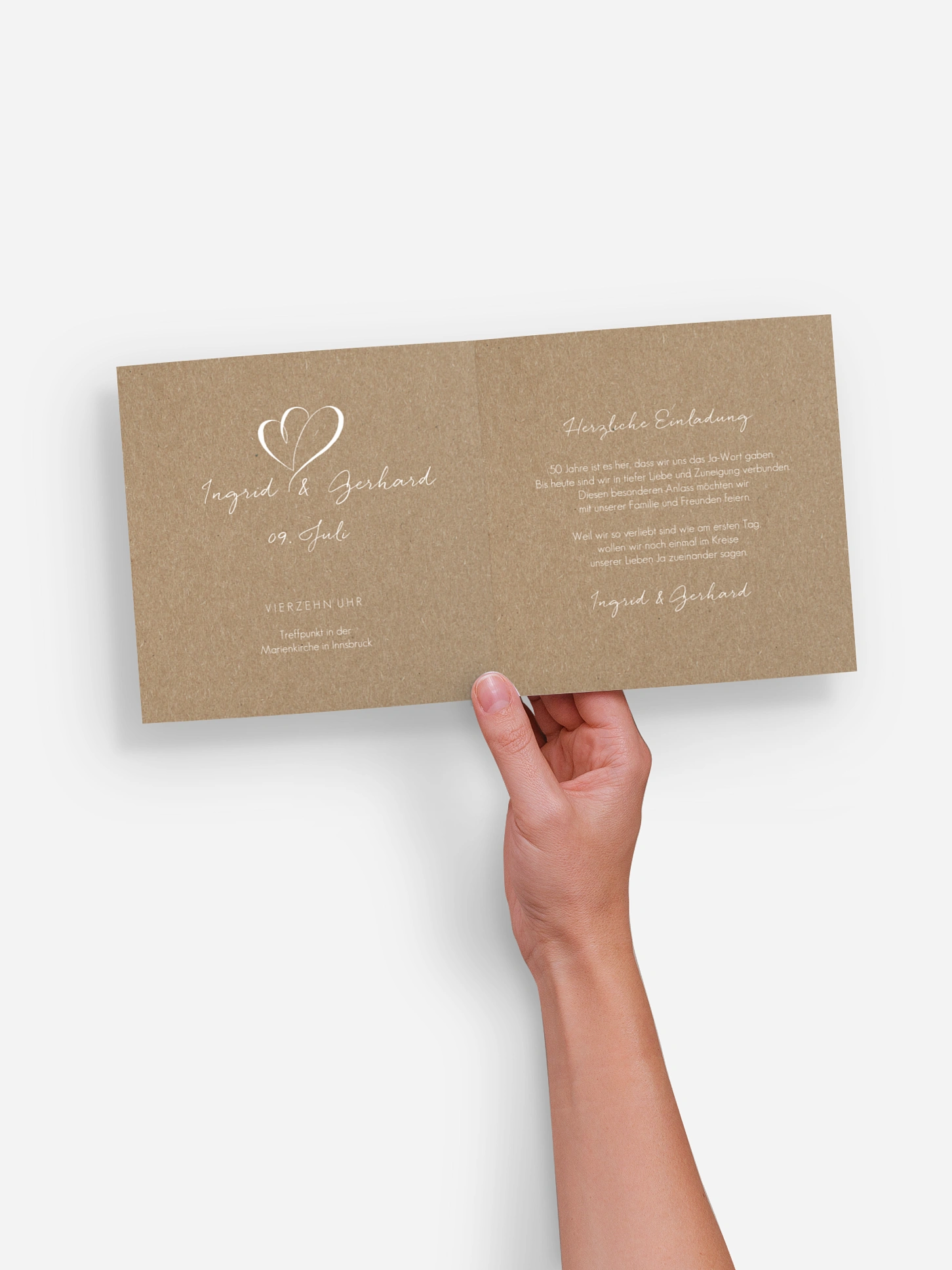 Einladung zur Goldenen Hochzeit Herz an Herz Kraftpapier