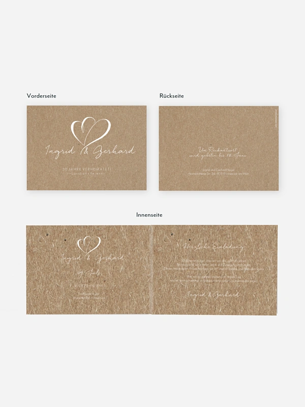 Einladung zur Goldenen Hochzeit Herz an Herz Kraftpapier