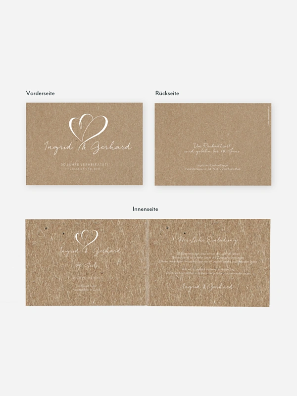 Einladung zur Goldenen Hochzeit Herz an Herz Kraftpapier