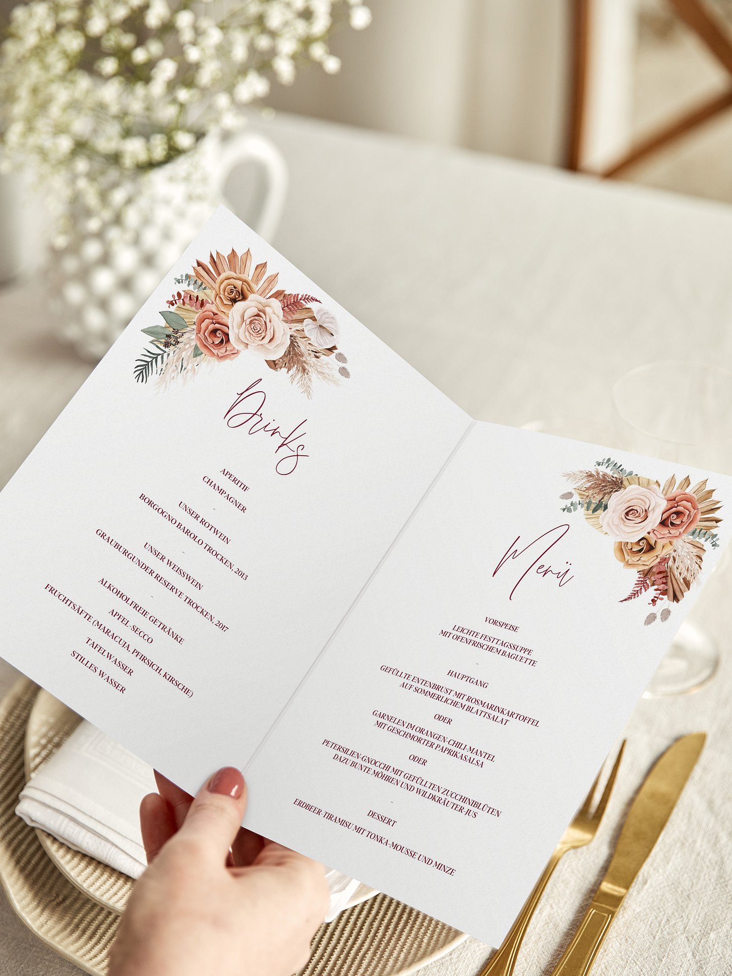Menükarte Hochzeit Bohemian Florals