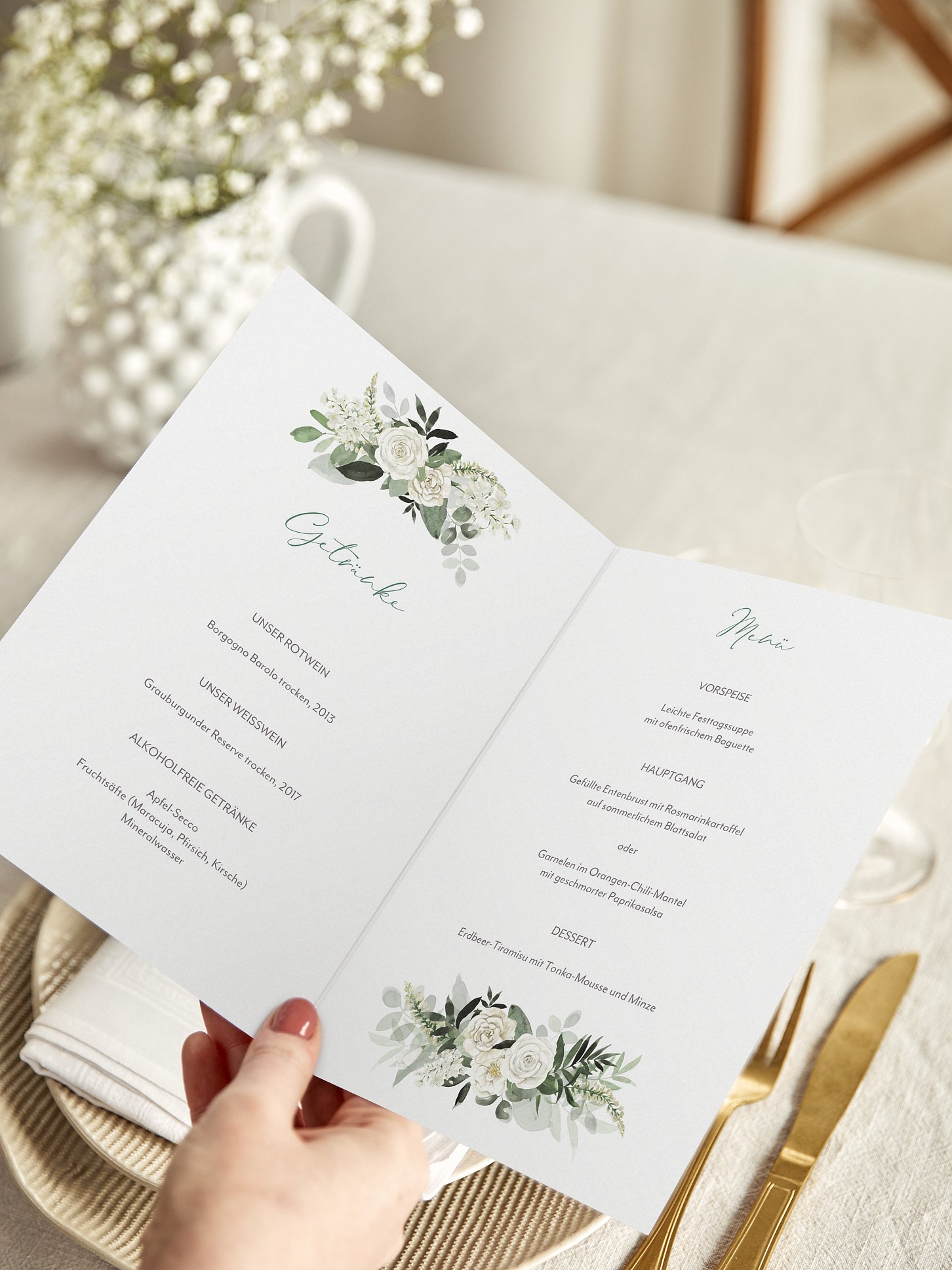 Menükarte Hochzeit White Roses