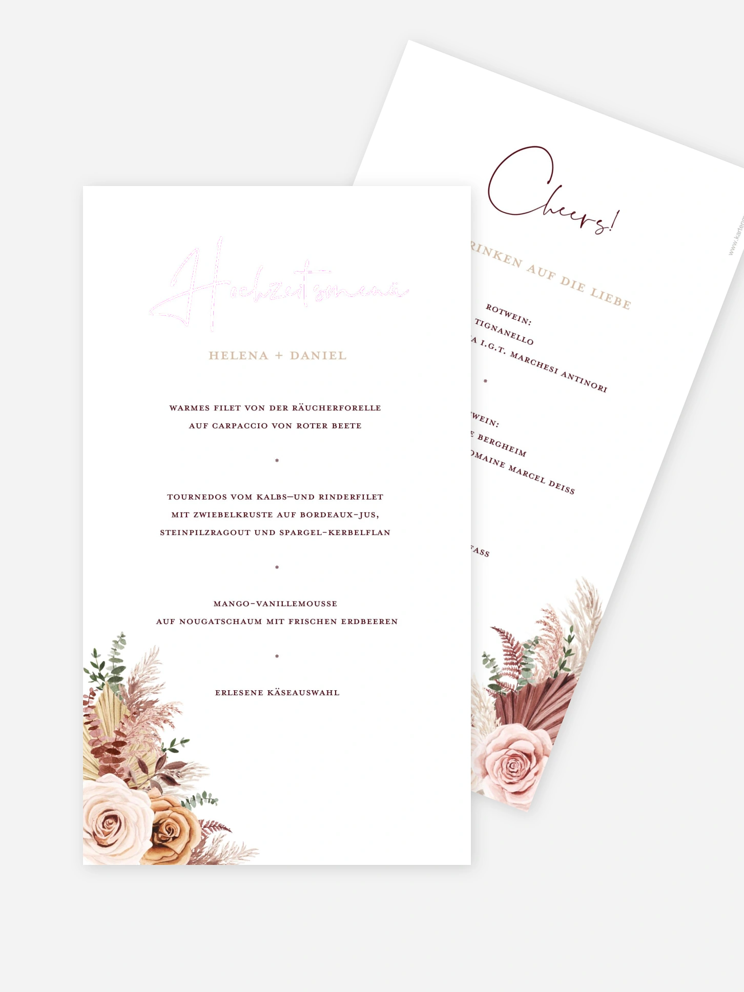 Menükarte Hochzeit Bohemian Rose