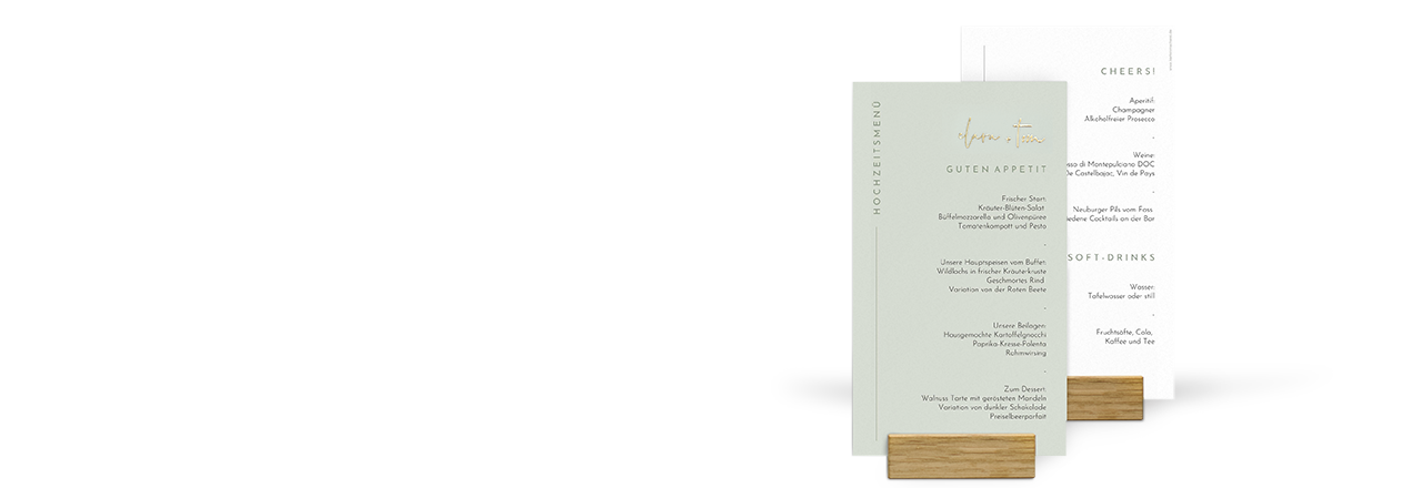 Vorder- und Rückseite von Menükarten und Getränkekarten für Ihre Hochzeit