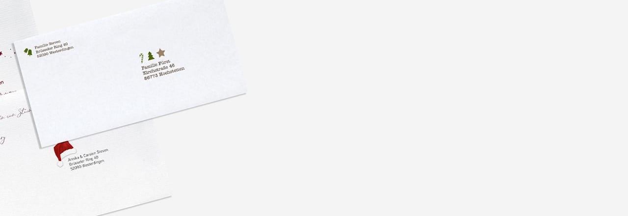 Weihnachtskarten, Briefumschläge und bedruckte Adressaufkleber